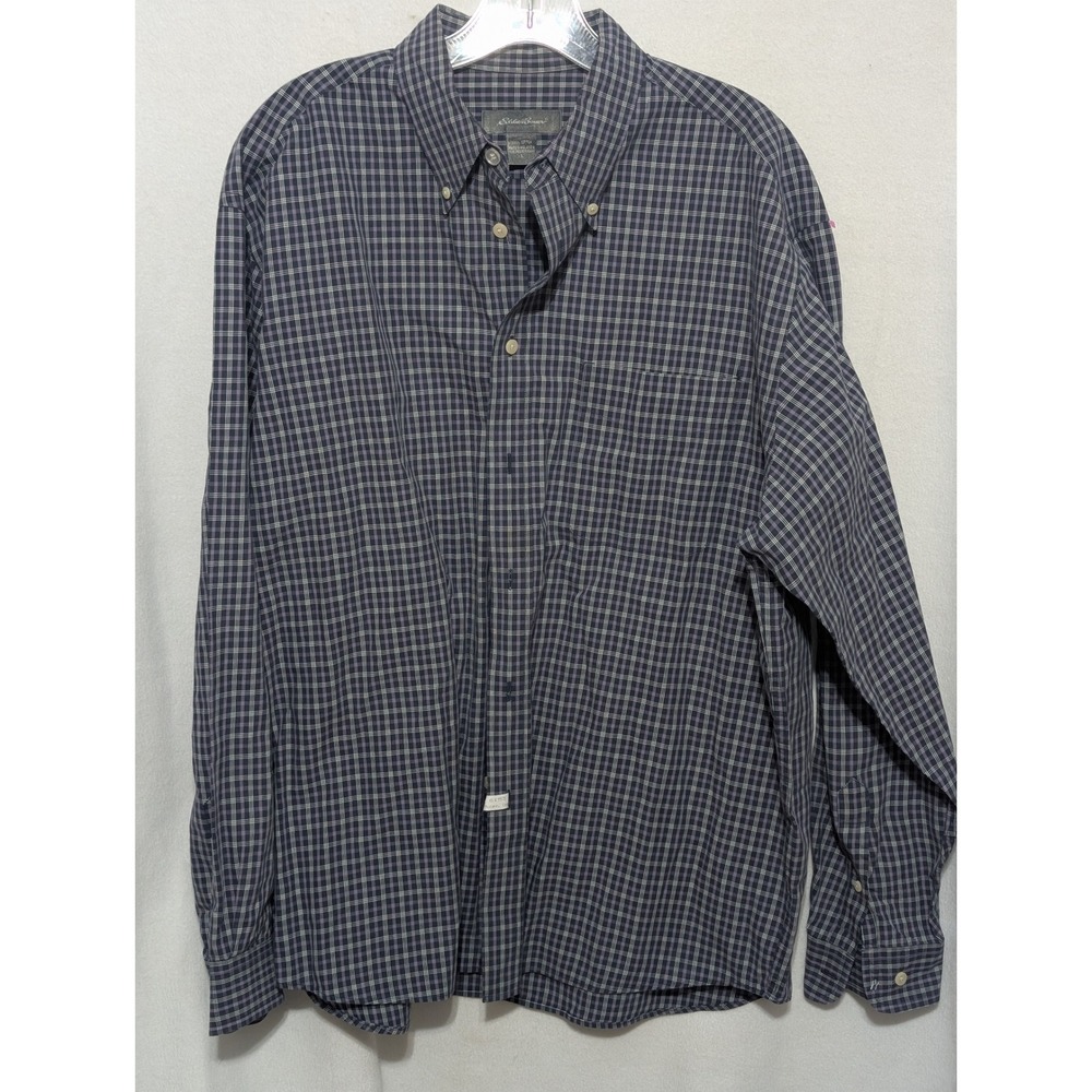 Eddie Bauer Mens Large Long Sleeve Button Down Shirt Purple Navy Plaid Cotton
